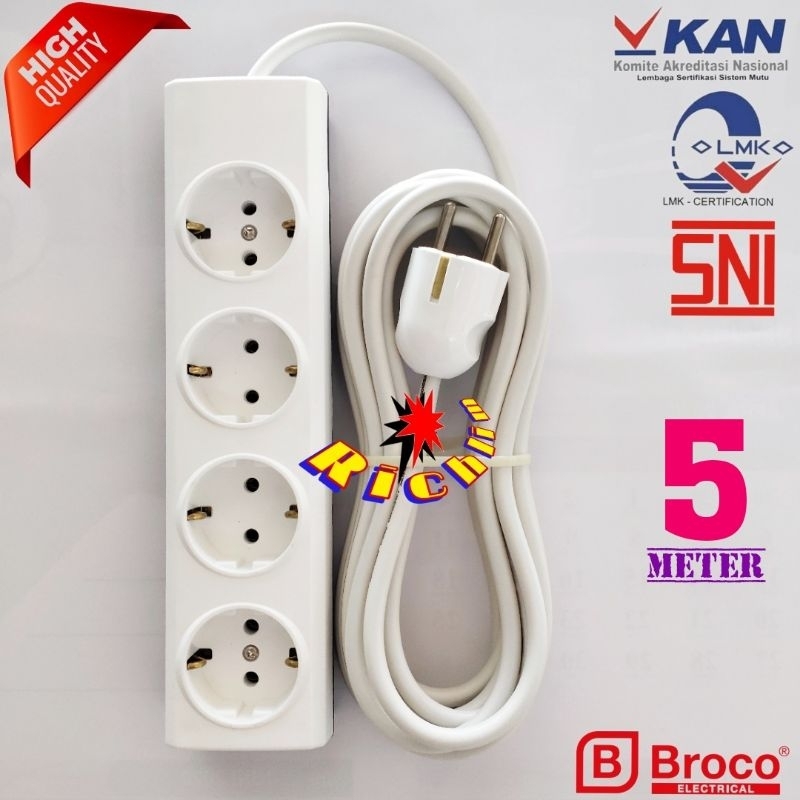 Stop Kontak Broco 4 Lubang+Steker Broco+Kabel 2x0,75 Serabut 5 Meter/Stopkontak Rakitan