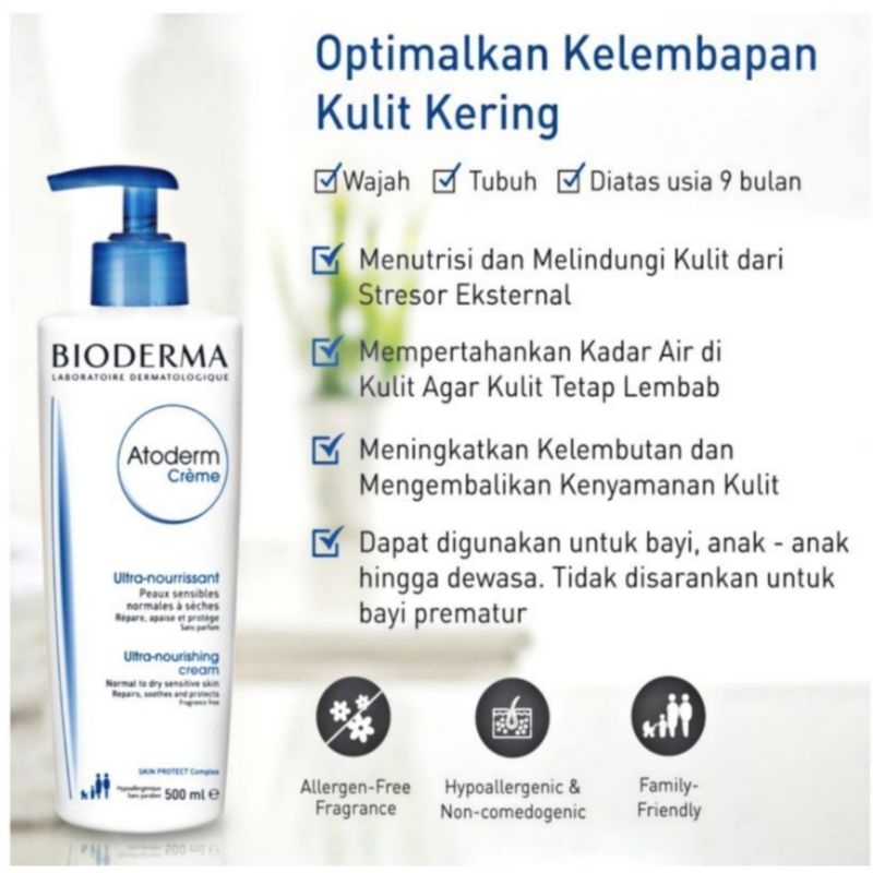 BIODERMA ATODERM CREME ULTRA NOURISHING CREAMREPAIRS - SOOTHES - PROTECTSNORMAL TO DRY SENSITIVE SKIN 500 ML BOTTLE WITH PUMP LOTION TUBUH