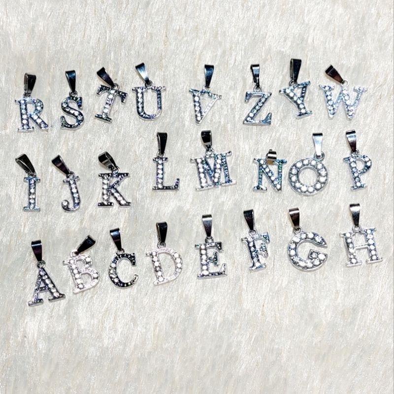 Kalung Tali Korea Hitam liontin Huruf A-L Silver Pria/ Wanita