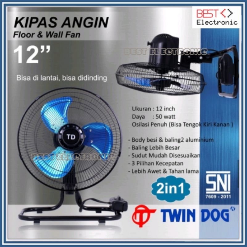 Kipas Angin Tornado 2in1 Meja Dinding TD Twin DOG 12 inch Kipas Angin Besi
