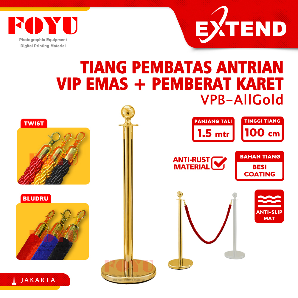 

Tiang Pembatas Antrian Antrean VIP Emas Gold Besi Coating Queue Line Pole Tali Bludru Velvet Twist Railing Stand Extend VPB-AllGold