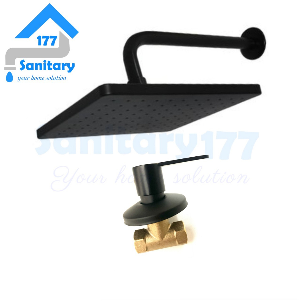 Bundling Paket wall Shower Tembok kotak minimalis HITAM jumbo &amp; Stop kran air double Black kuningan brass valve complete set komplit