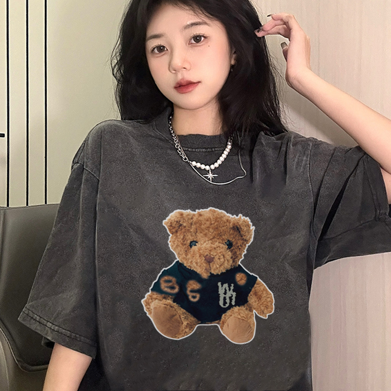 Print Washed T-shirt Kaos Lengan Pendek Oversize Hitam Vintage Plush Bear Korean Style Atasan Wanita