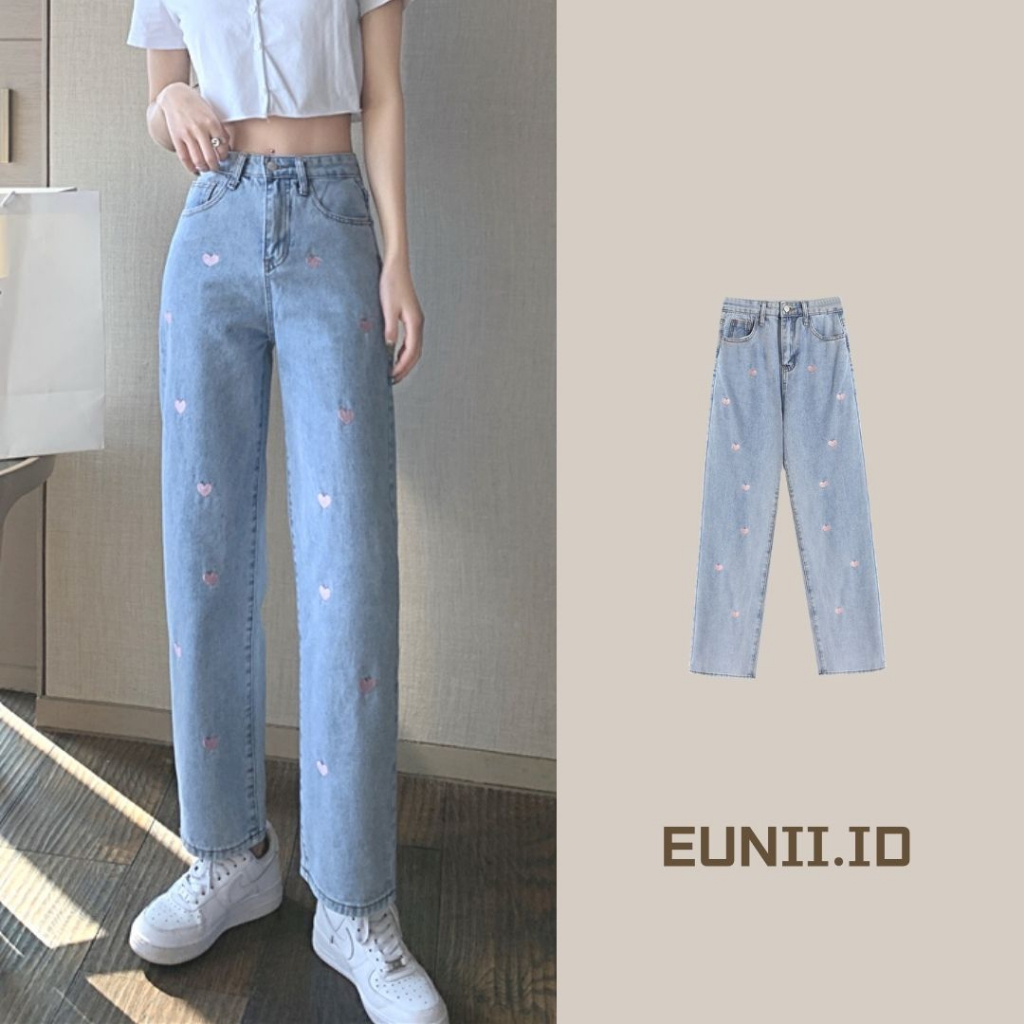 EUNII Celana Jeans Boyfriend High Waist Loose Jens Wanita Korean Style