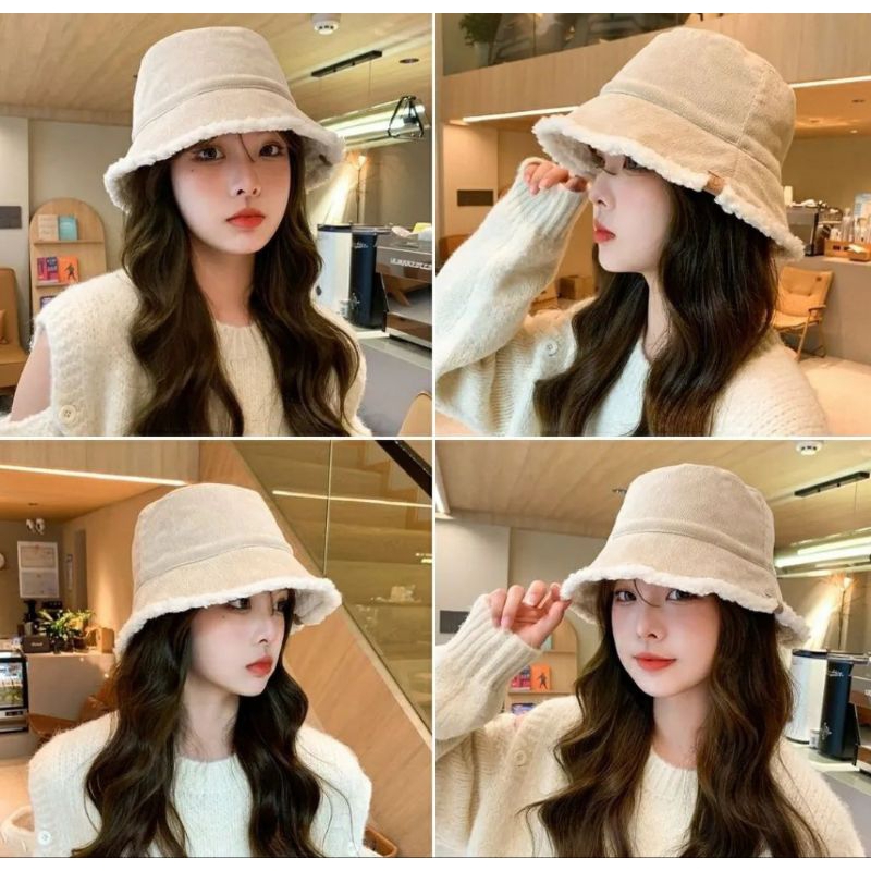 Bucket Hat Topi Wanita Bolak Balik Lapis Bulu Simple Alice Bucket Hat