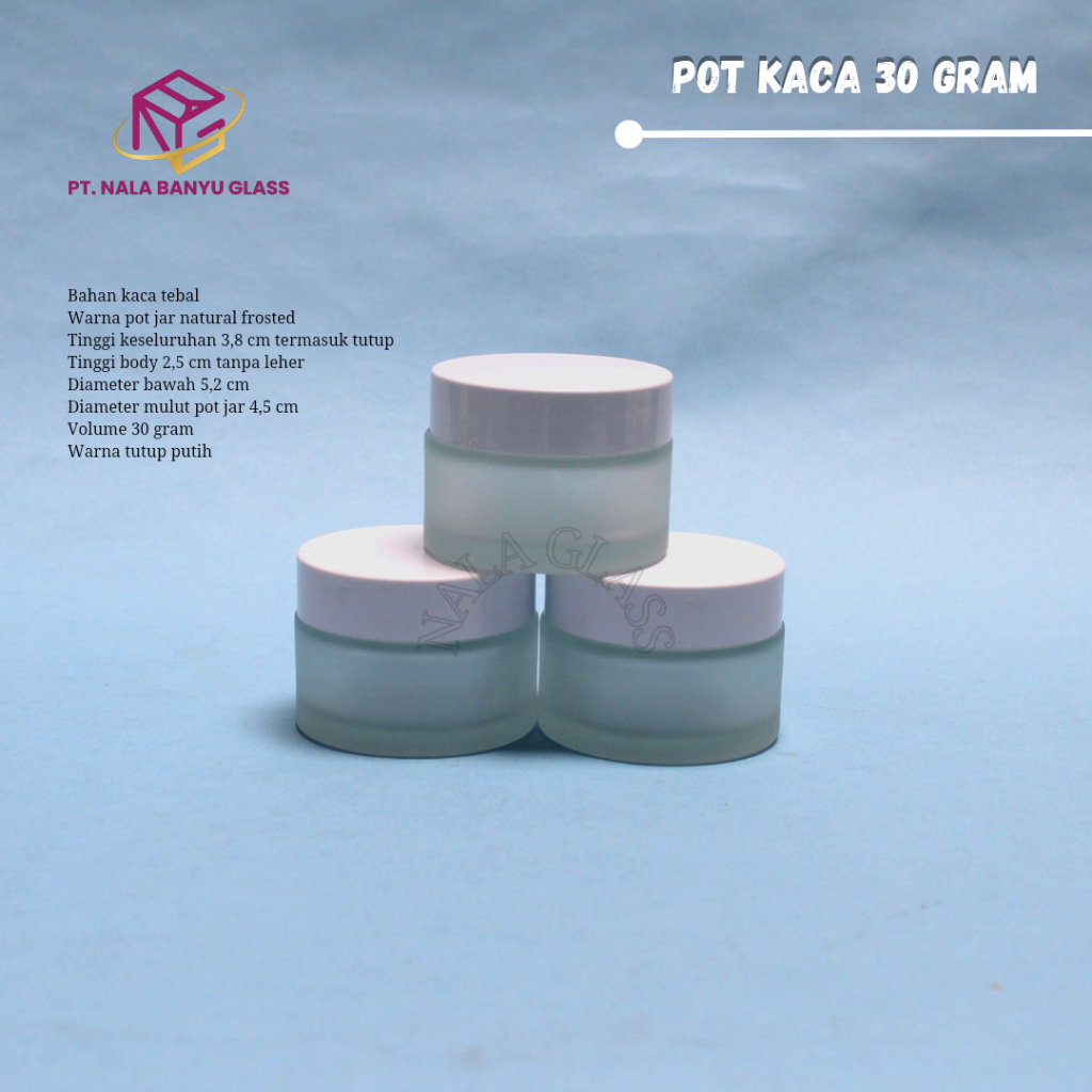 pot cream kaca 30gr frosted tutup putih / pot jar kaca 30gr/ wadah kosmetik 30gr