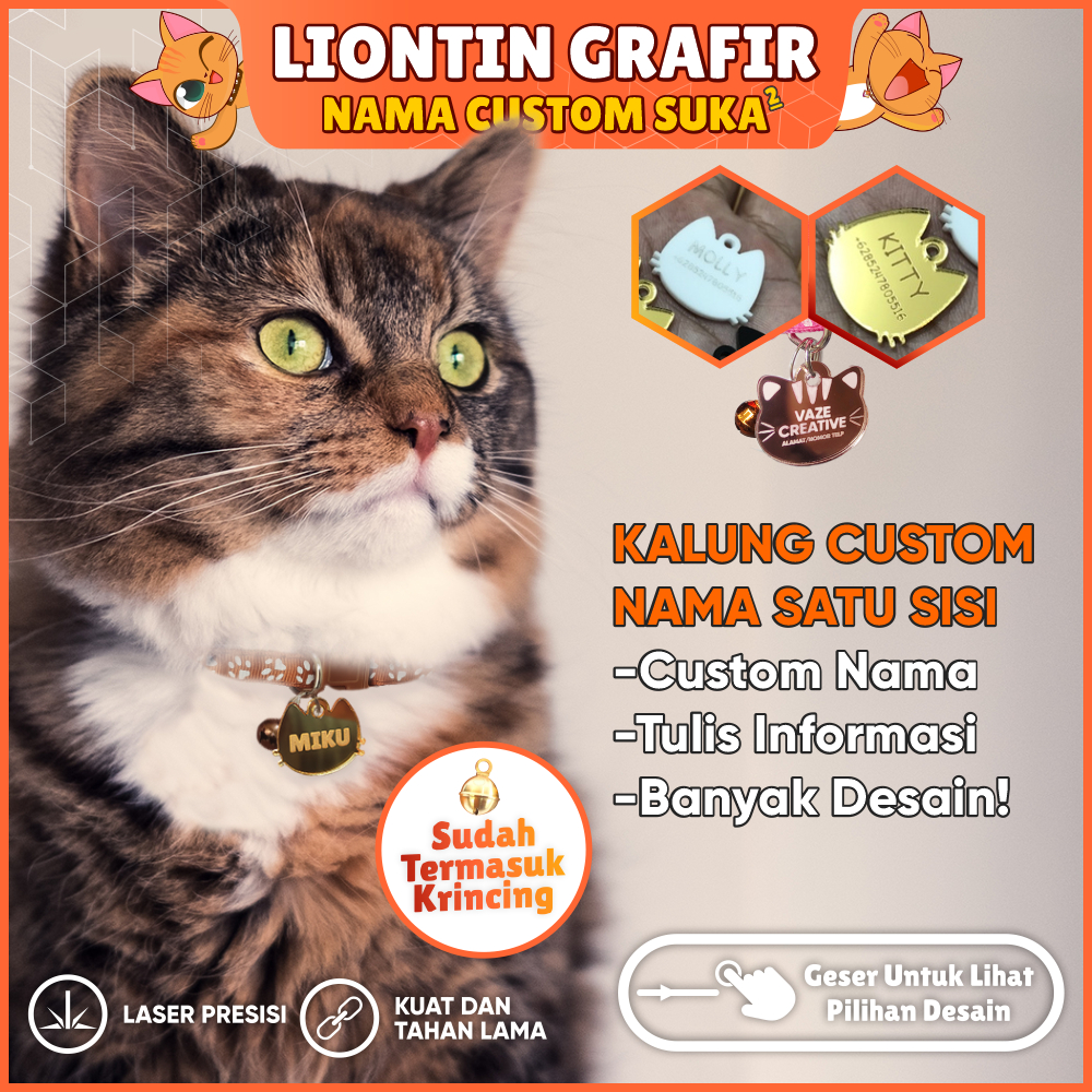 Kalung Akrilik Nama Kucing Custom MEWAH Grafir GOLD ROSE GOLD SILVER MURAH Custom Grafer Desain Bebas Buatan Sendiri Hasil Grafir Laser Ukuran cm Akrilik Murah