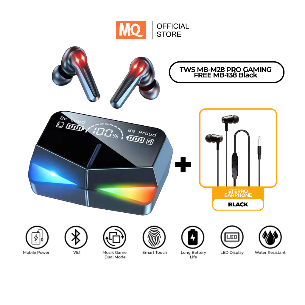 MQ TWS MB-M28 Pro Gaming Wireless Earphone Headset Bluetooth Dual Mode BT V5.1 LED Smart Display With Power Bank