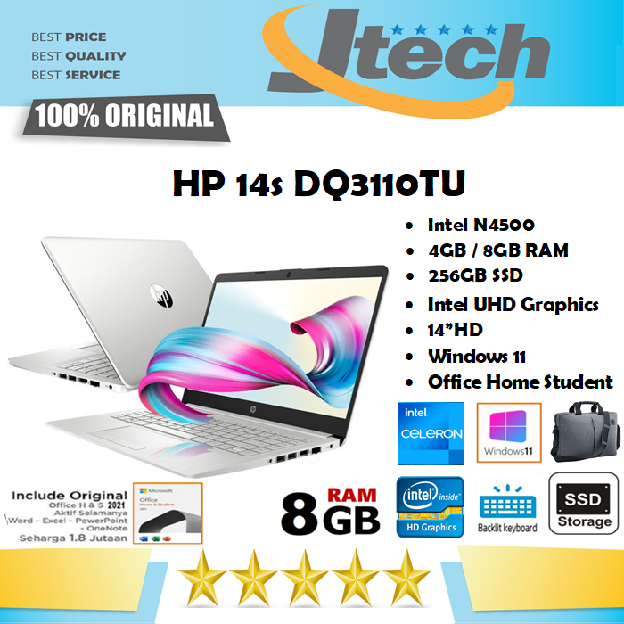 HP 14s DQ3110TU - N4500 8GB 256GB SSD BACKLIT 14&quot;HD WIN11 OFFICE HOME STUDENT