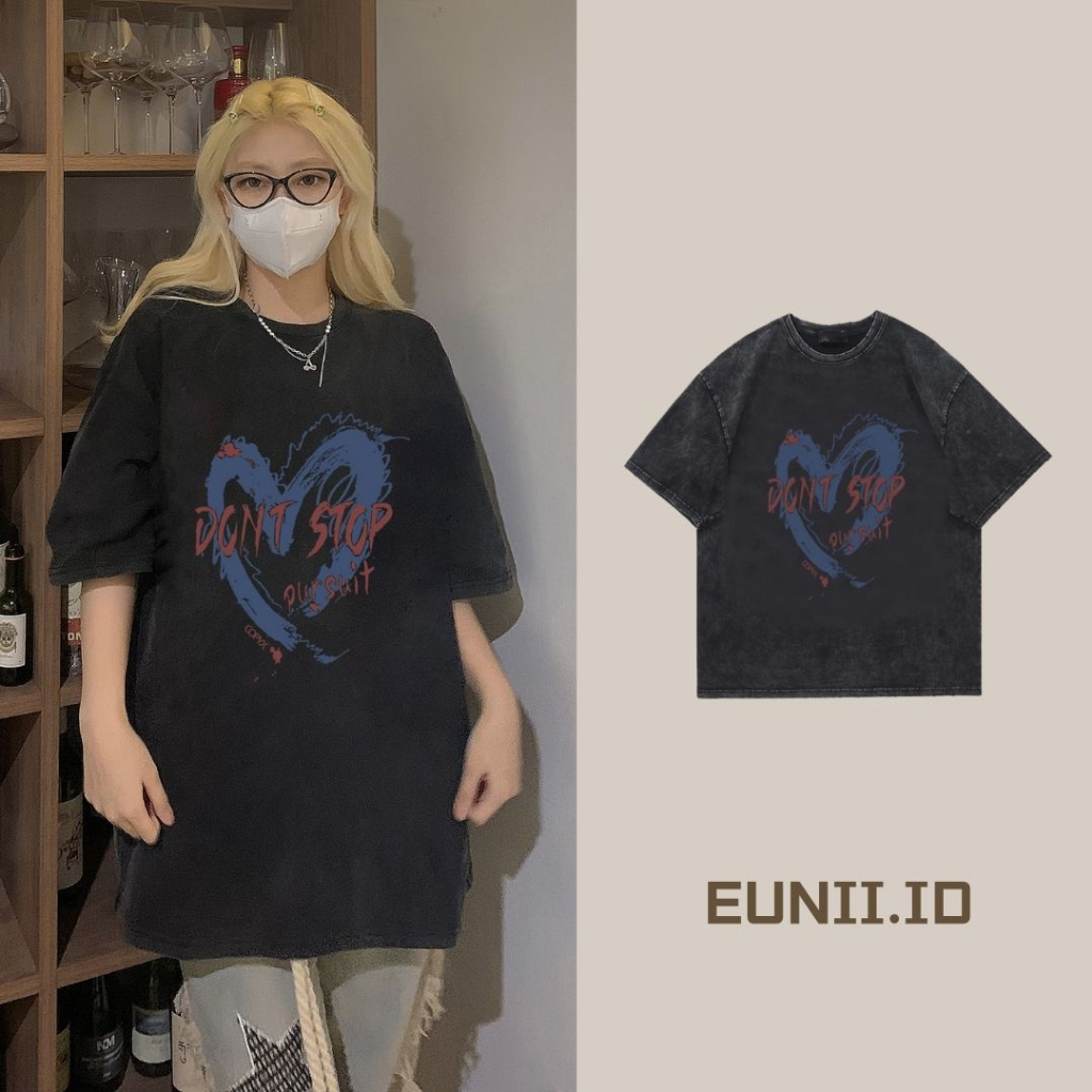 EUNII T-shirt Lengan Pendek Black Washed Retro Blue Heart Printing Korean Style/Kaos Atasan Wanita/Baju Wanita/Kaos Wanita