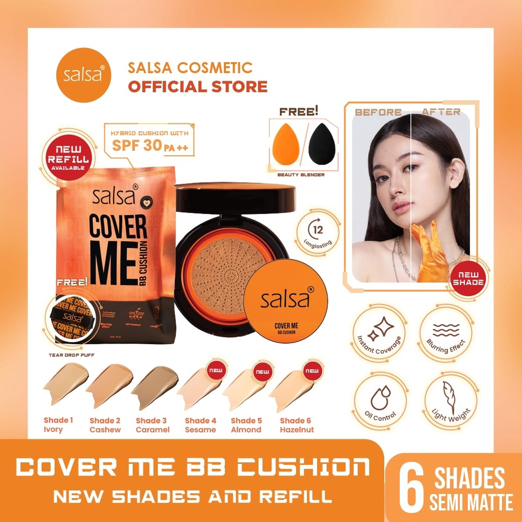 SALSA Cover Me BB Cushion Indonesia / Semi Matte SPF 30 PA++ 20g / Smooth Finish Waterproof Flawless Look Light Formula Medium Coverage / Shade 01 Ivory 02 Cashew 03 Caramel / Cosmetic Makeup Face / Foundation Powder CC Cream Cusion Bedak Full Set Refill