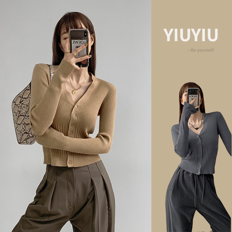 YIU YIU Rajut - Import Cardigan Korea Crop Top Long Sleeve Sexy Style Cardigan Rajut Crop V-neck Cardigan Rajut Premium