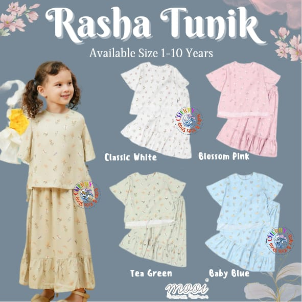 Mooi 1-10 Tahun PREMIUM Quality Rasha La Fleur Tunik Set Setelan Tunik Rok Anak Perempuan Ruffle Bunga / Pakian Muslim / Setelan Lebaran / Raya CBKS