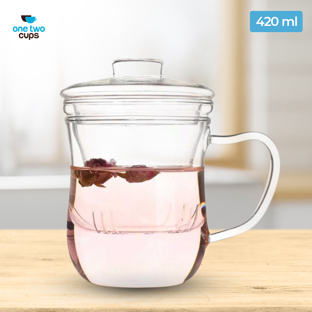 One Two Cups Cangkir Teh Tea Cup Heat Proof with Infuser Filter 420 ml - OTC42 - Transparent