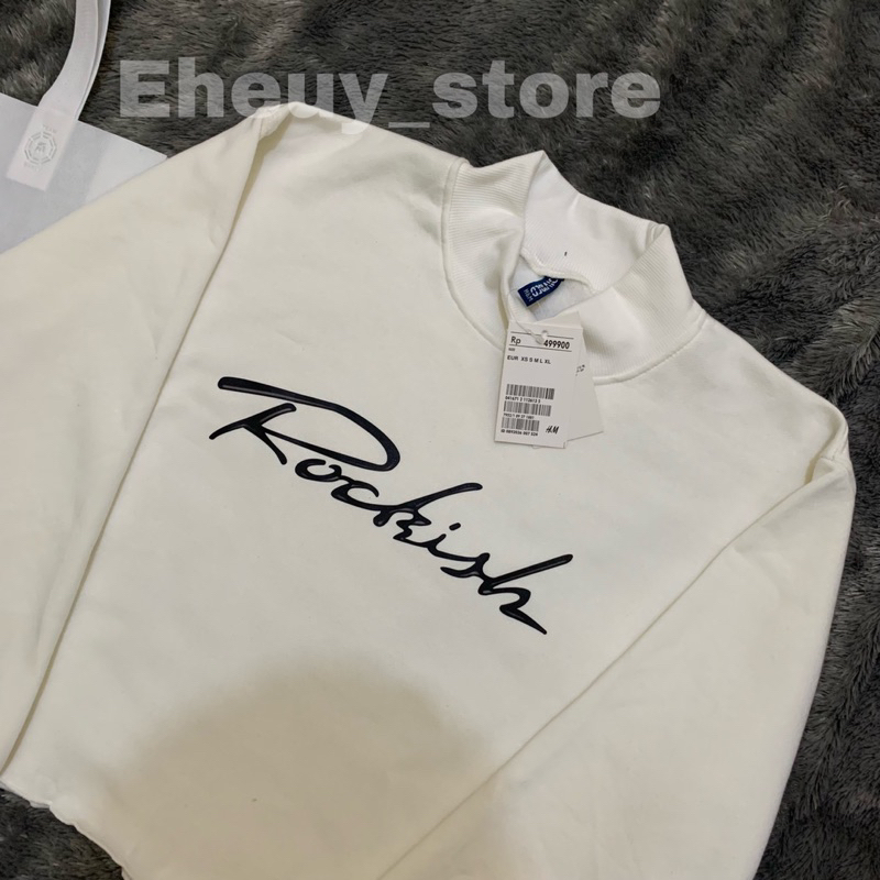 Crop Sweater HM ROCKISH Broken White Crewneck Crop Wanita soft cream