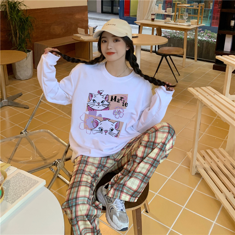 XiaoZhaiNv Sweater Oversized Wanita Cat Anime Pattern Lengan Panjang Korean Style