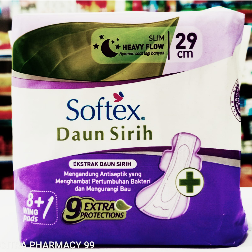 Softex Daun Sirih 𝟐𝟗𝐜𝐦 𝐈𝐬𝐢 𝟖+𝟏𝐩𝐚𝐝𝐬 - Pembalut Wanita Sayap 9 Extra Protect