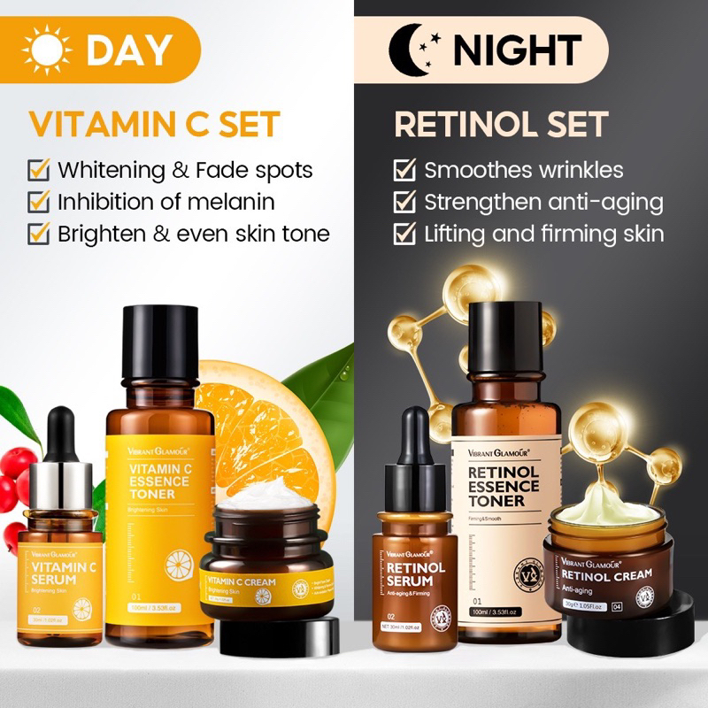 PAKET MALAM&amp;PAGI Vibrant Glamour Retinol set + Vitamin C set (6 produk)