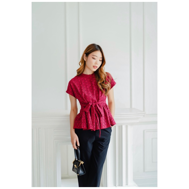 [PRELOVED] HER VOGUE — Kirei Top in Maroon | atasan brukat brocade eyelets pita simple merah maroon 