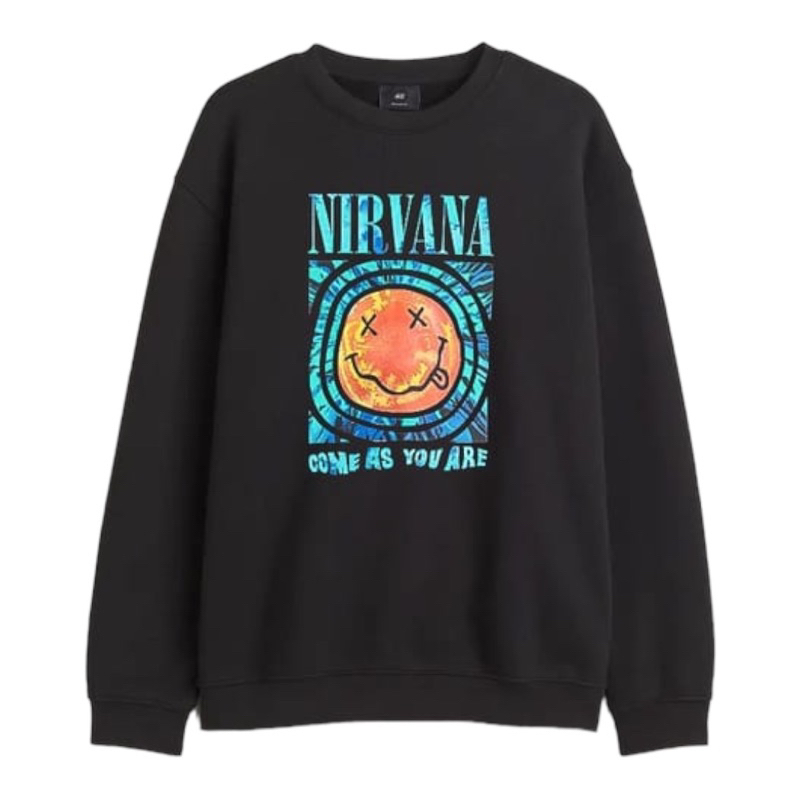 ( 8.8 ) Crewneck Sweatshirt H&amp;M Unisex Sablon Nirvana Cream, Black Hitam, Flecee Katun Lembut Tebal, Free Papperbag