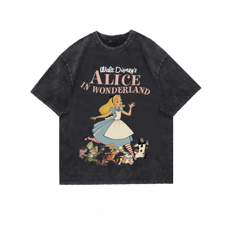 Vintage T-shirt Hitam Washed Oversize Alice In Wonderland  Kaos Lengan Pendek Baju Wanita Korean Style