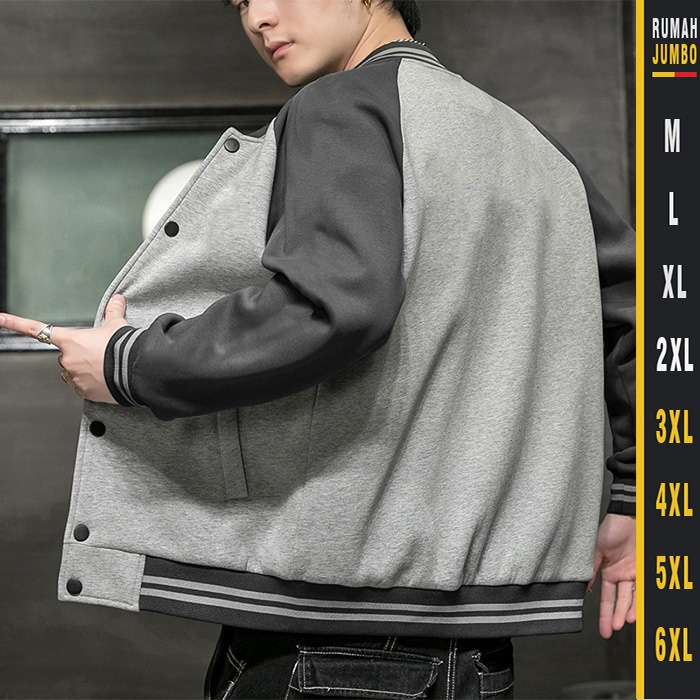 Jaket Bomber Varsity Grey Oversize XXL - 6XL Sweater Baseball Pria Wanita Jumbo Big Size