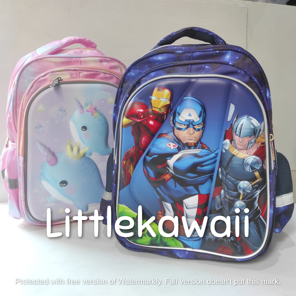 LK/Tas Ransel Sekolah Anak Perempuan Laki Laki Embos Hardcase Dolphin Lumba Lumba Elephant Gajah Superhero 3 Kantong PAUD TK SD Import