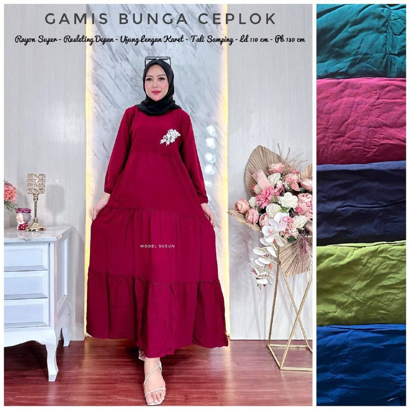 Gamis Wanita Bunga Ceplok Rayon Premium Zipper Depan