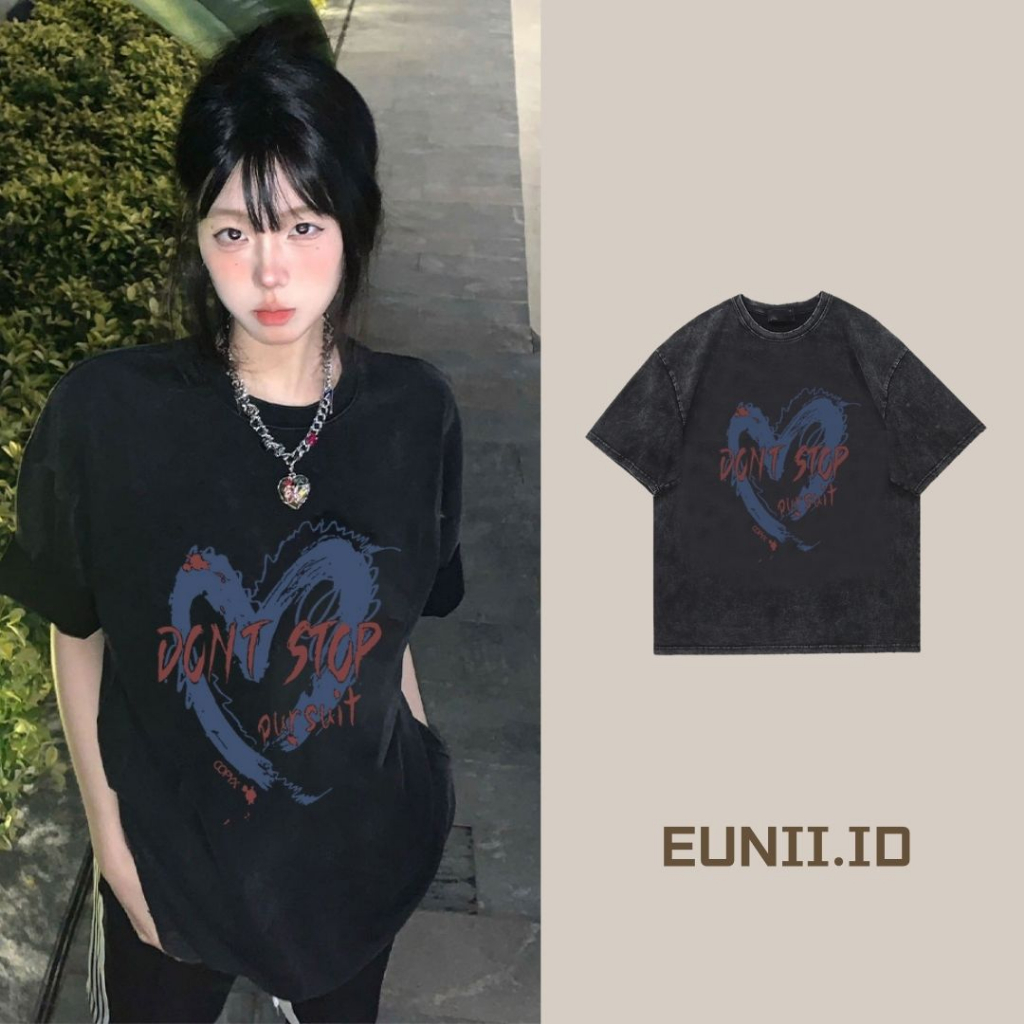 EUNII T-shirt Lengan Pendek Black Washed Vintage Blue Heart Printing Korean Style/Kaos Atasan Wanita/Baju Wanita/Kaos Wanita