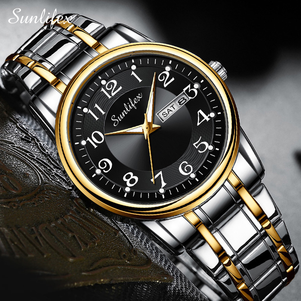 Sunlifex Jam Tangan Pria Anti Air Kuarsa Kalender Tali Stainless Steel Santai Mode Jam Tangan Cowok-1