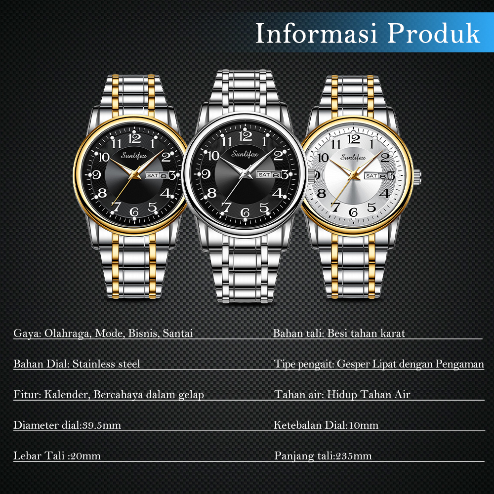 Sunlifex Jam Tangan Pria Anti Air Kuarsa Kalender Tali Stainless Steel Santai Mode Jam Tangan Cowok-7