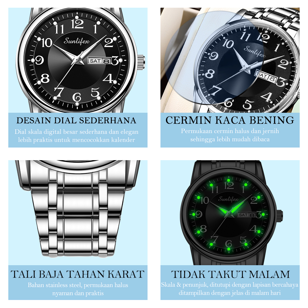Sunlifex Jam Tangan Pria Anti Air Kuarsa Kalender Tali Stainless Steel Santai Mode Jam Tangan Cowok-8