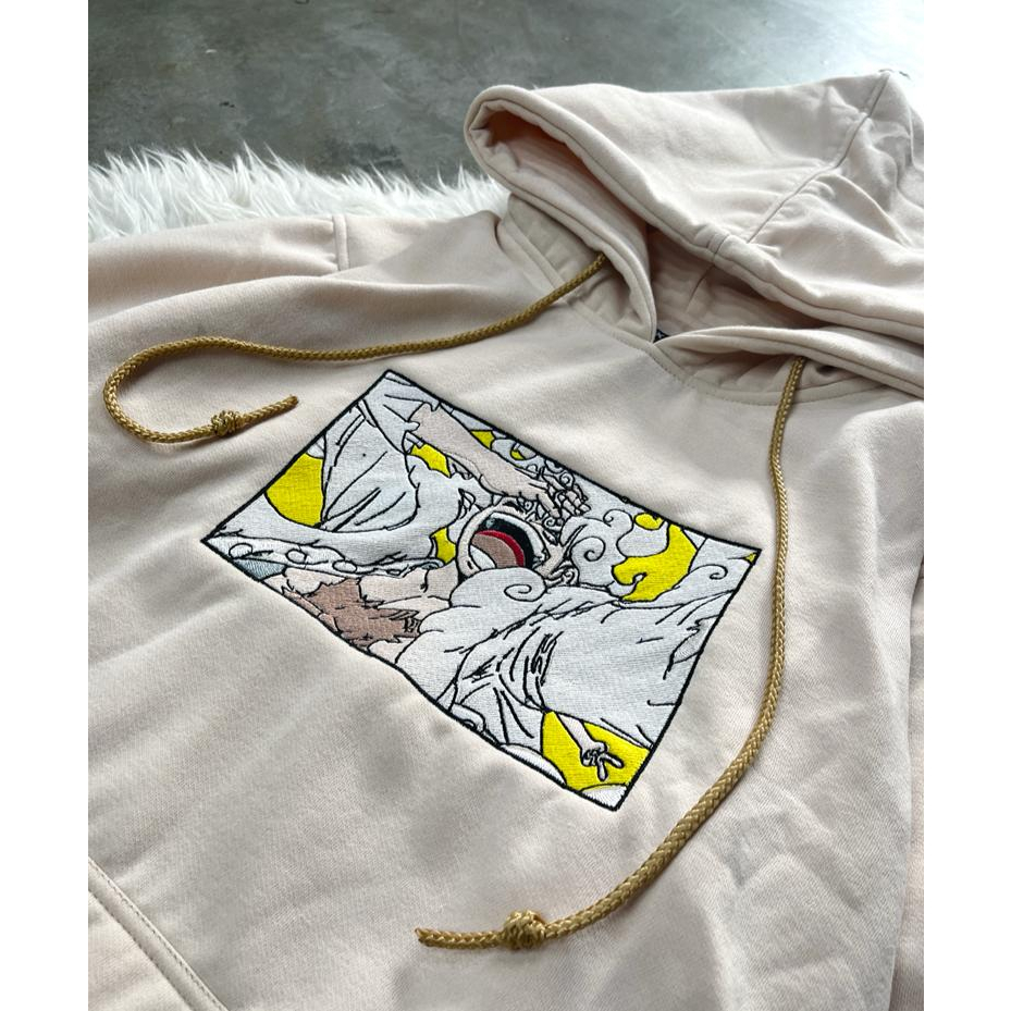 Hoodie Luffy God Nika Embroidery Cream Anime Manga One Piece Premium Unisex