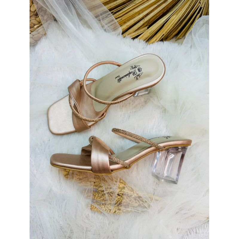 sandal wanita mindie rosegold 7cm kaca