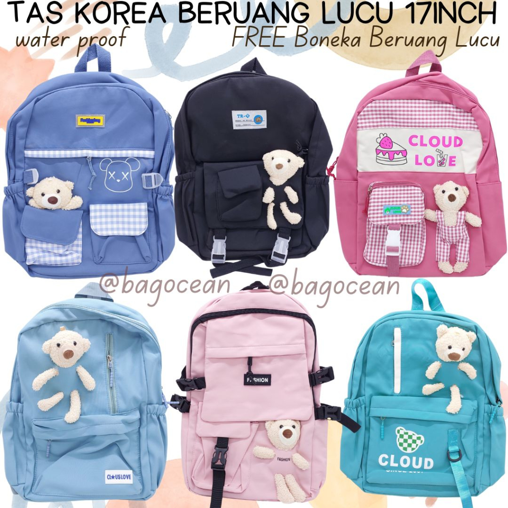 STYLISH KOREAN BAGPACK BEAR DOLL MURAH LUCU 17 INCHI / TAS KOREA BONEKA BERUANG ANTI AIR MURAH BAGUS / RANSEL IMPORT KOREA BONUS BONEKA 17&quot; / TAS FASHION KOREA BONEKA BERUANG COLORFULL MURAH LUCU / RANSEL KOREA TERMURAH ORIGINAL / TAS KOREA FASHIONABLE