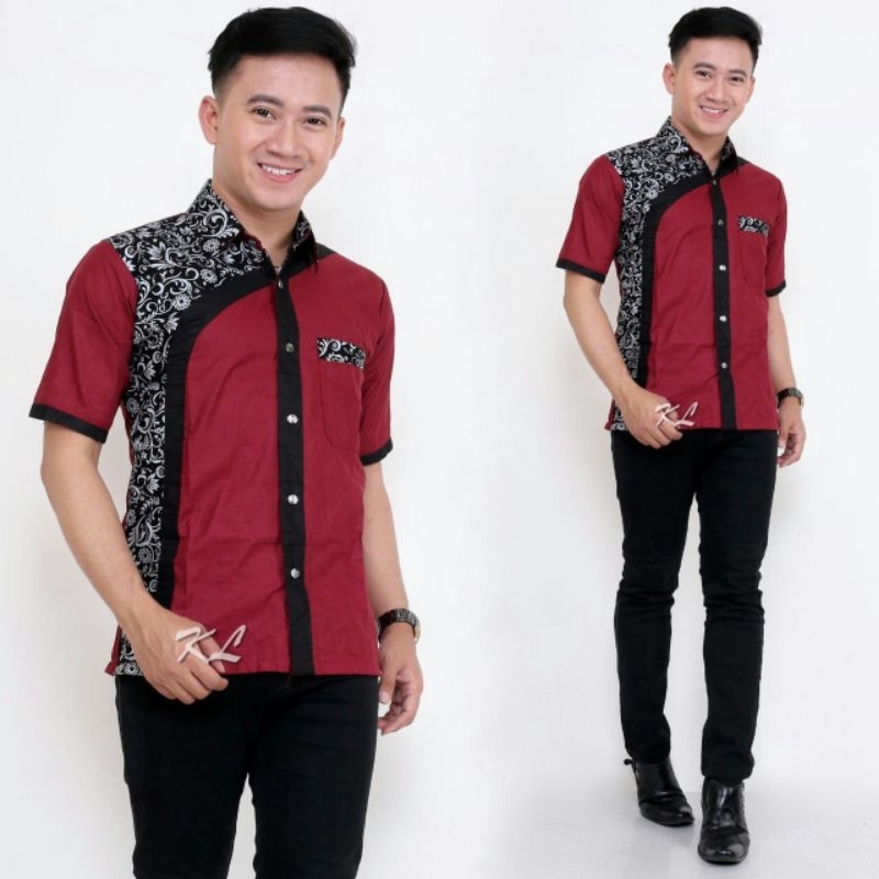 Kemeja Hem Batik Pria Harga Grosir Merah Mix  Emas