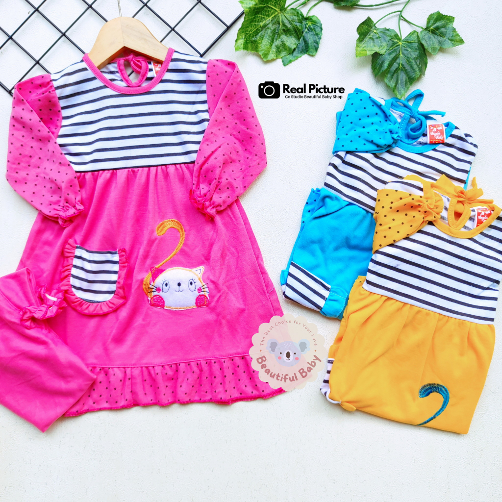 Baby.ou - Setelan Baju Bayi Muslim Perempuan 3-12 Bulan Motif Kucing / Set Hijab Bayi / Kerudung Bayi / Gamis Bayi Perempuan