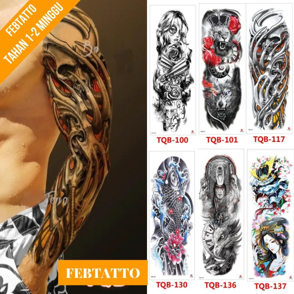 Tato Temporer Full Lengan Ukuran 17cm x 48cm Motif Tengkorak Tribal TQB 117 Tato Lengan Tato Dada Ta
