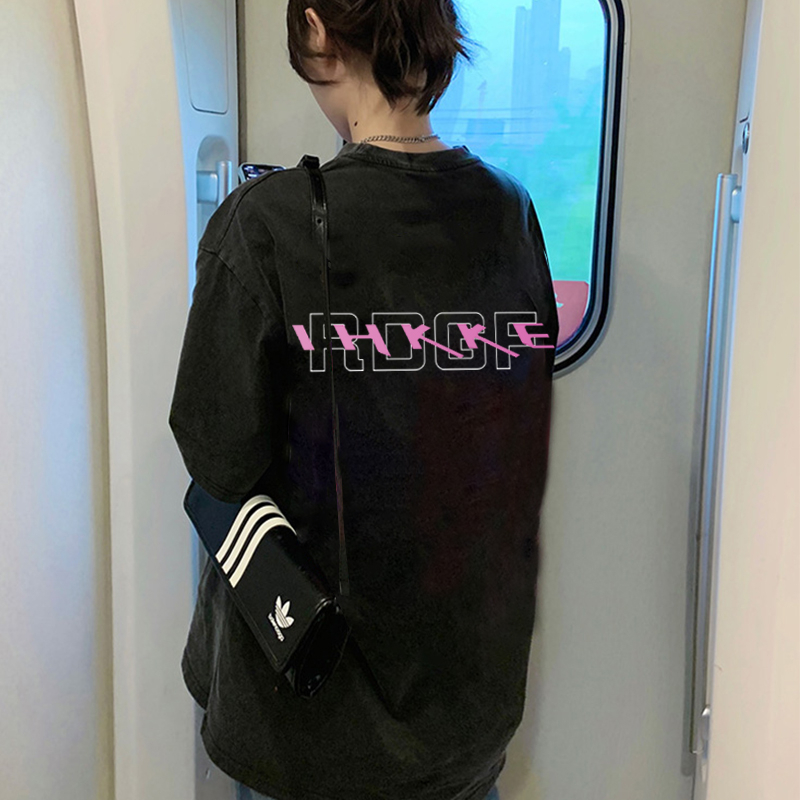 Print Washed T-shirt Kaos Lengan Pendek Oversize Heart Design Korean Style Atasan Wanita