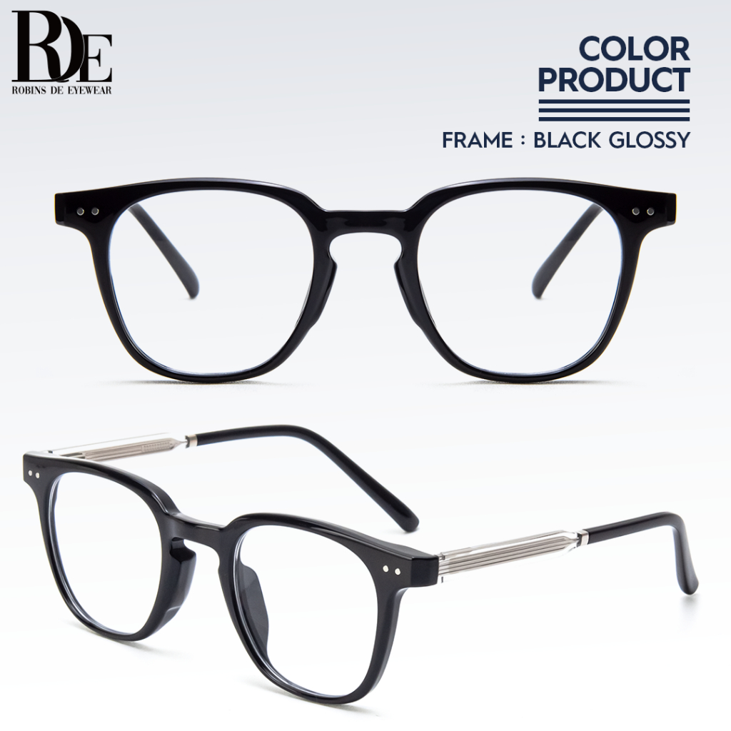 ROBINS Kacamata Minus Kotak Anti Radiasi Komputer Frame Kacamata Photocromic Antiblueray Bluecromic Kacamata Fashion Pria Wanita Kacamata Uv400 Stylish 8344-Black Glossy
