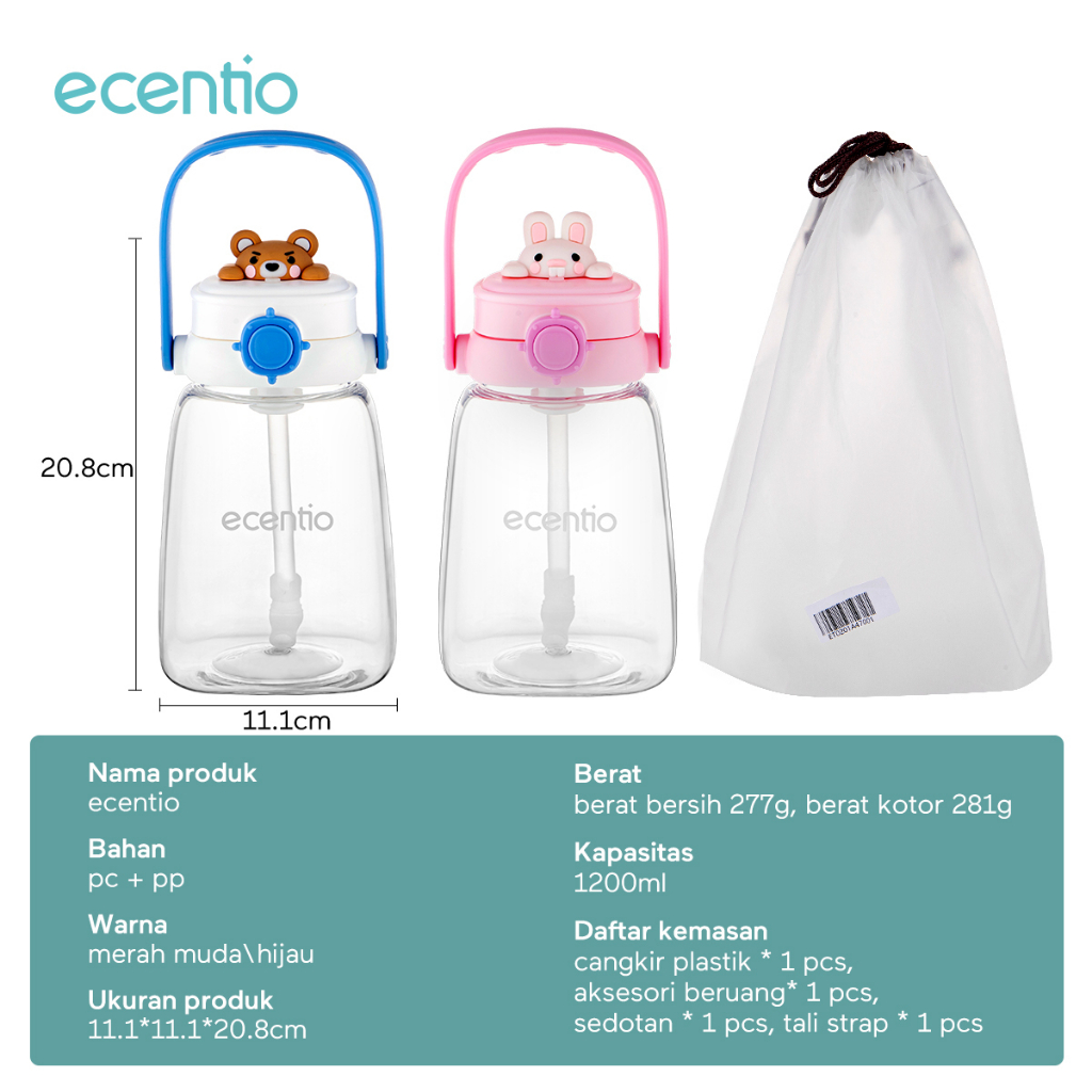 ecentio &amp; FOODI tumbler Botol Minum Anak Sedotan 1200ml Lock Design Anti Bocor portable handle tali 3D Cartoon BPA FREE