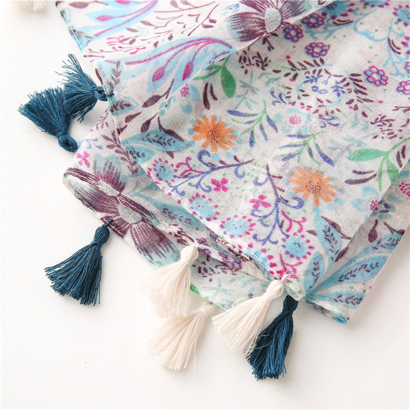 ITSFRIDAY FAUZA Scarf - Premium Pashmina Shawl Selendang Syal Pasmina Hijab Import Motif Flower Blue Tassel