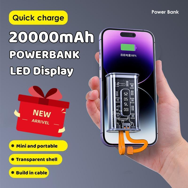 PowerBank 20000mAh Fast Charging with 2in1 Kabel Data Real Capacity Mini Portable Power bank 3 Output 2 Input Type C Lightning USB Pocket Size