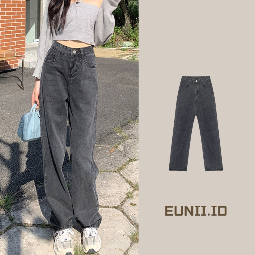 EUNII Dark Grey Celana Jeans Loose Straight Jeans Kekinian Import Highwaist Wanita