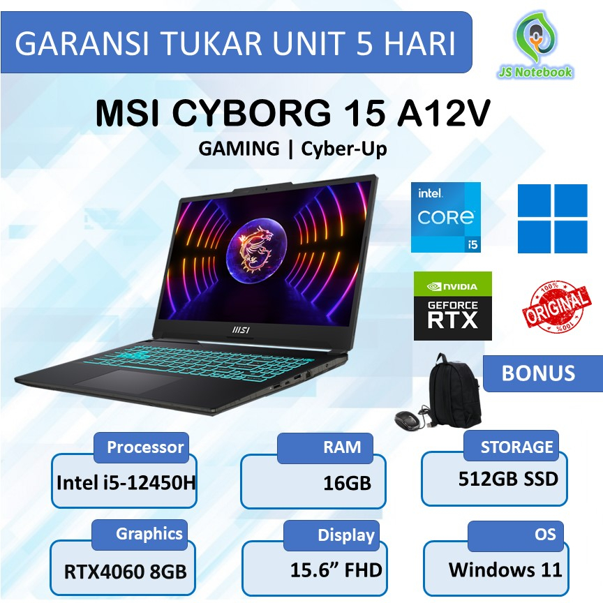 MSI CYBORG 15 A12V RTX4060 8GB i5-12450H 16GB 512SSD WIN11 15.6" FHD