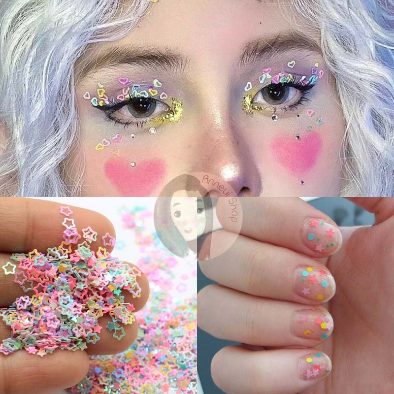 Part I - 500 pcs Mixed Hollow Star Heart Flower Glitter Sequins Nail Art Manik-manik Kuku Wajah Craft Kosmetik Hiasan Kuku Eye Korean Make Up Handphone Decorations Wedding Party Cosplay Beads Pastel Color Warna