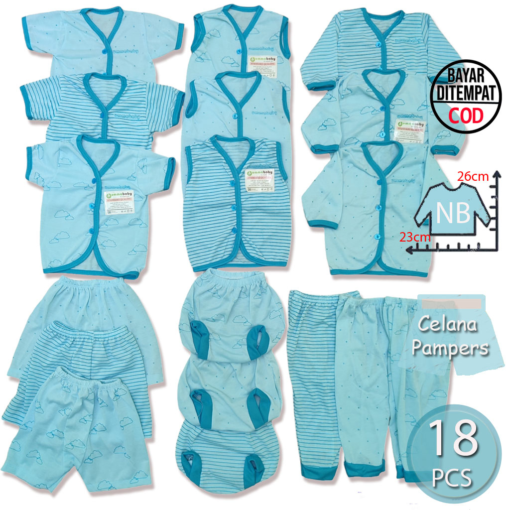 18 Pcs Baju Bayi Celana Bayi Setelan Bayi Baju Bayi Newborn Baju Bayi Baru Lahir Atasan Bayi Baju Bayi Kado Murah Baju Bayi Lucu Baju Bayi Seri Biru  Ekonomis Gift Set Blue Monochrome