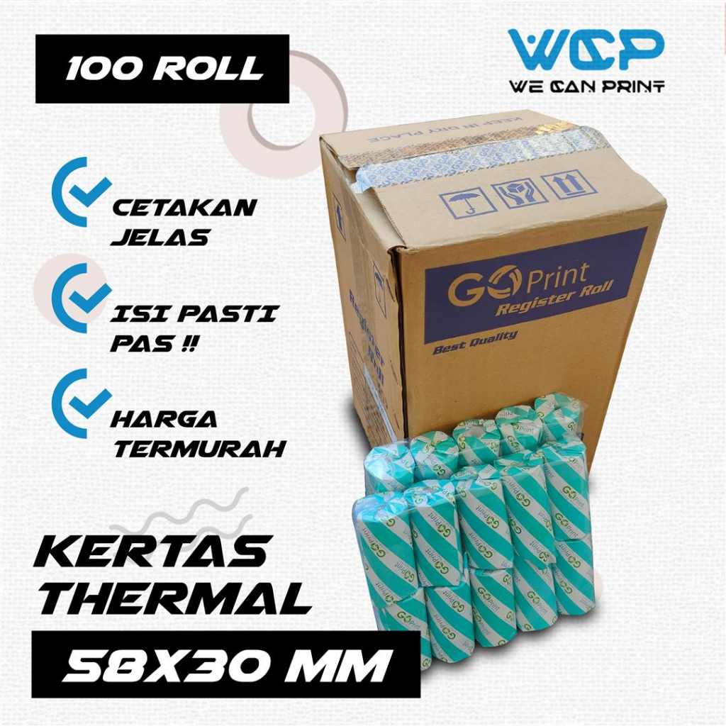 

1 DUS ( 100 ROLL ) KERTAS KASIR 58X30 MM THERMAL PAPER ROLL GO PRINT