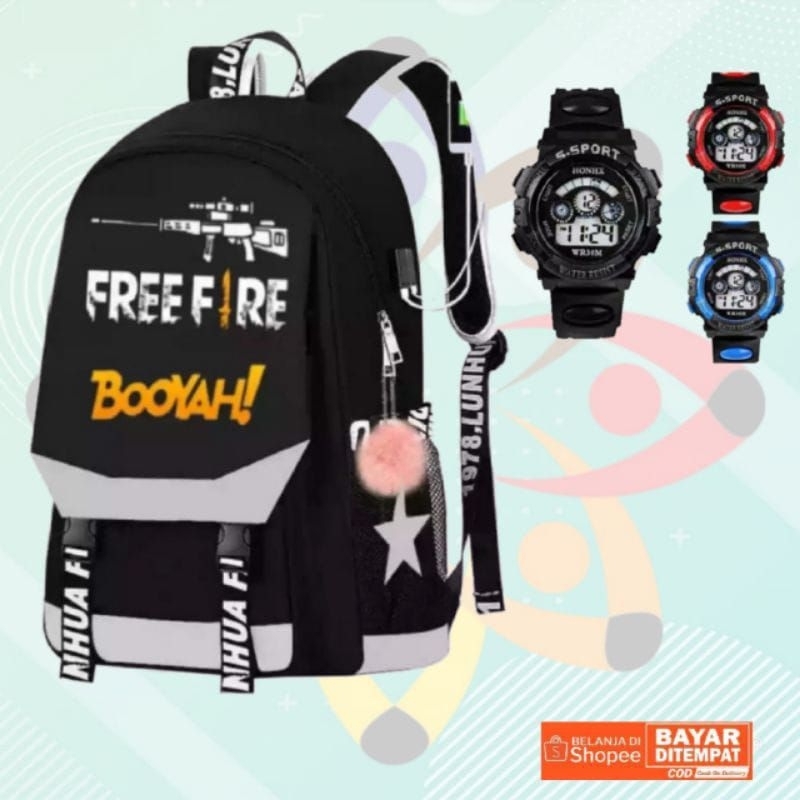 Tas Sekolah anak sd Free Fire Booyah Free Jam tangan