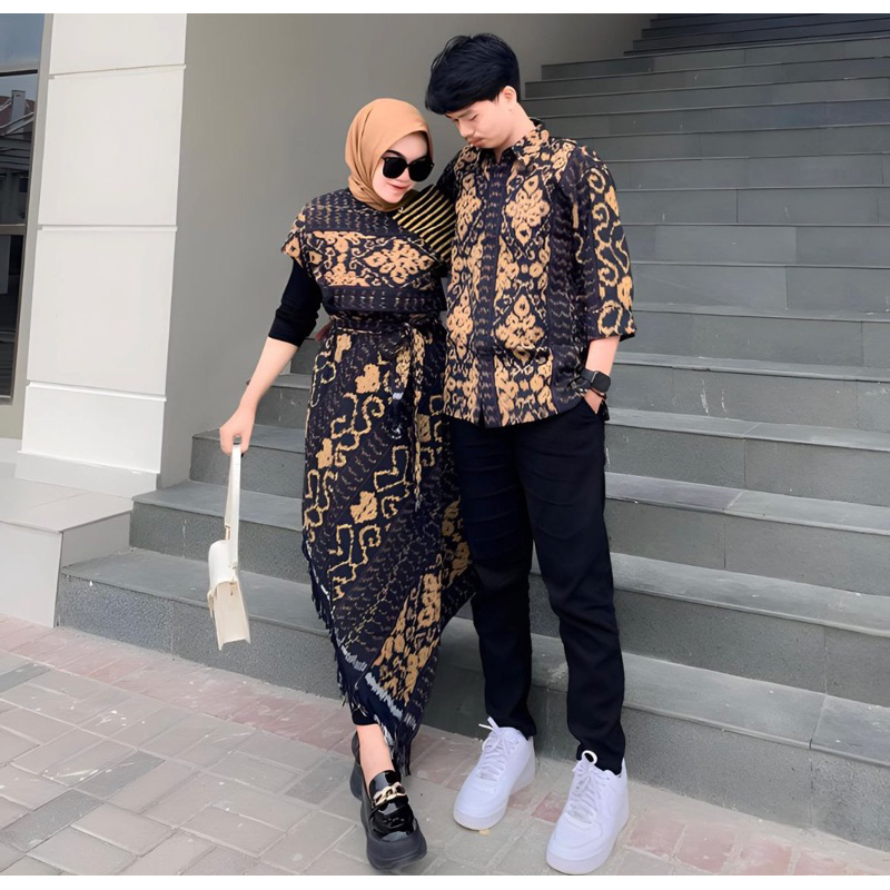 set couple batik tenun sarimbit baju prewedding hitam lasem